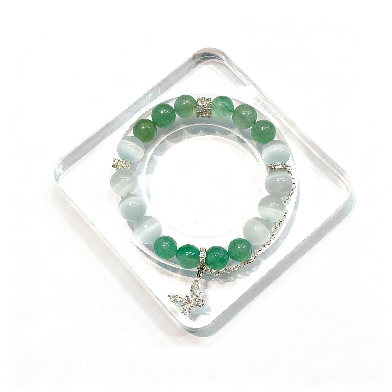 Green Strawberry Quartz & White Cat Eye Crystal Bracelet with Butterfly Charm – Personalized Handmade Energy Beads