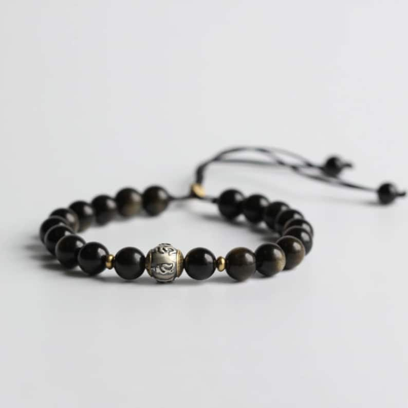 Tibetan Mantra Bracelet Lucky Obsidian Bracelet for Protection