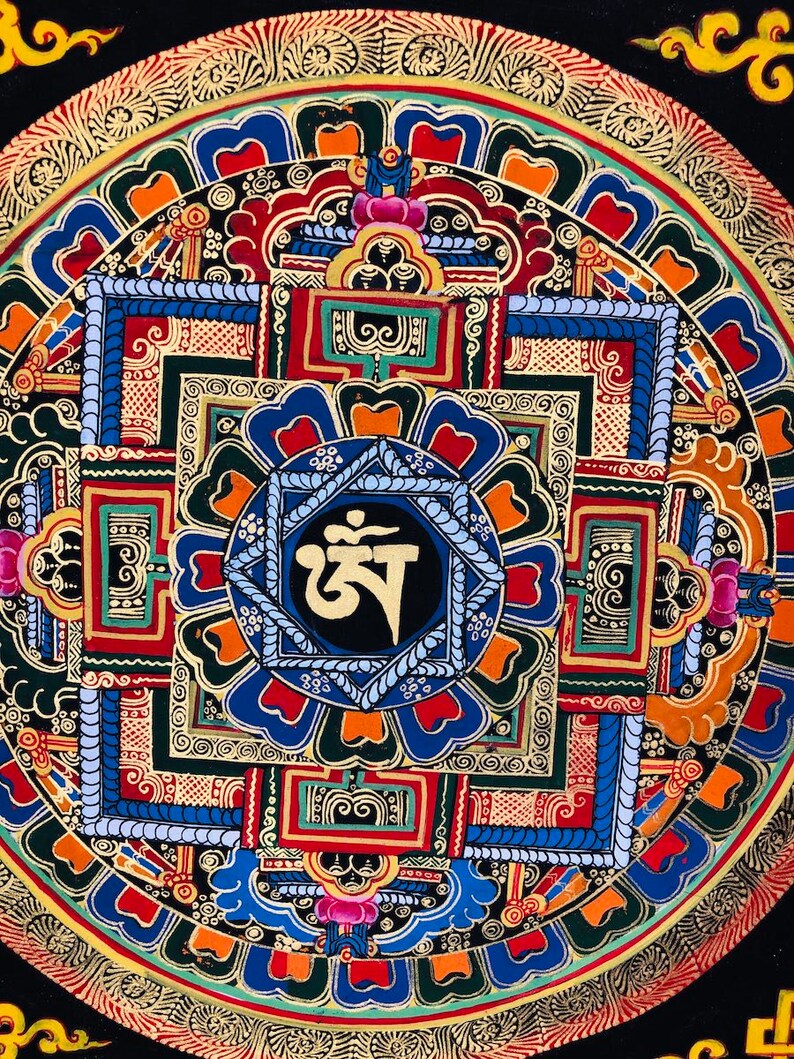 Hand Painted OM Mandala Tibetan Thangka Art for Meditation