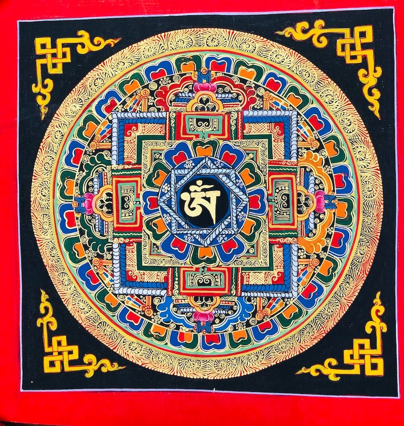 Hand Painted OM Mandala Tibetan Thangka Art for Meditation