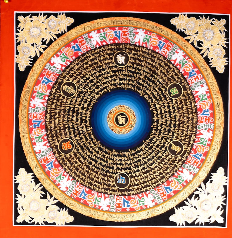 Hand Painted Om Mantra Mandala Tibetan Thangka Painting