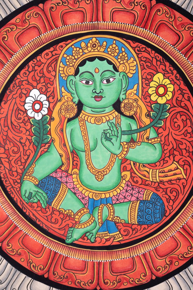 Beautiful Green Tara Mandala Painting - For Good Luck and Positivity - Yoga and Meditation