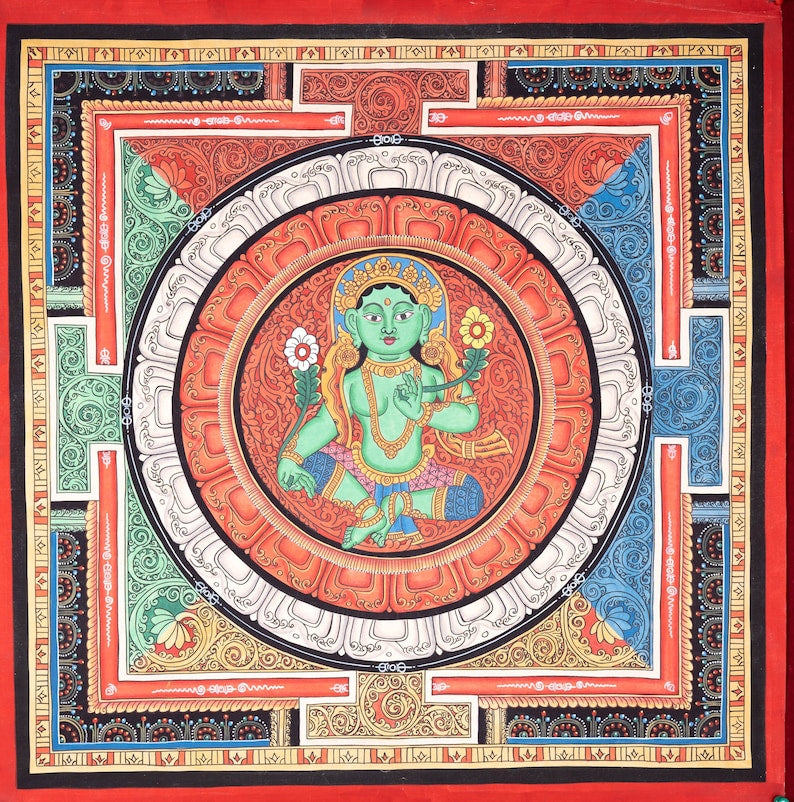 Beautiful Green Tara Mandala Painting - For Good Luck and Positivity - Yoga and Meditation