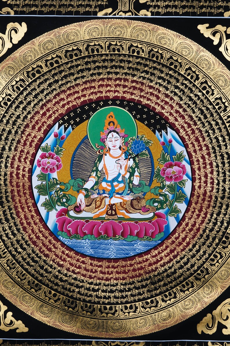 Handmade White Tara Mandala Tibetan Thangka Painting Art