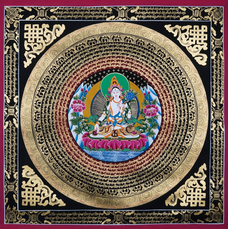 Handmade White Tara Mandala Tibetan Thangka Painting Art