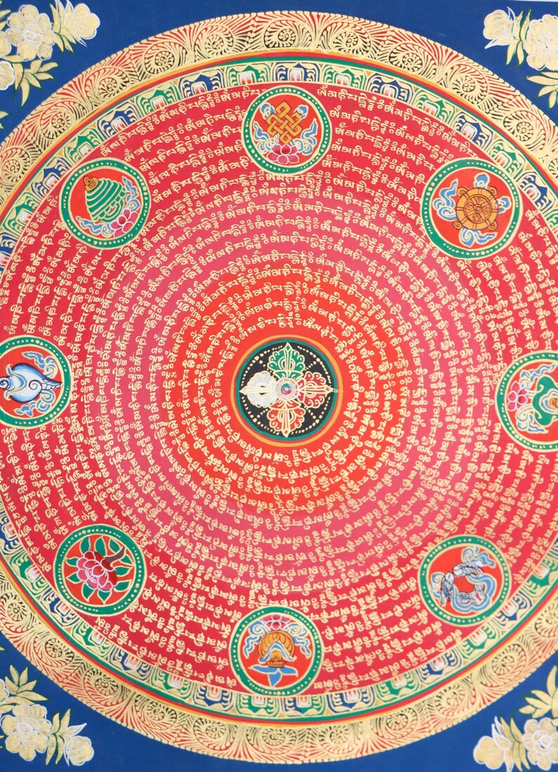 Mantra Mandala Thangka Painting with 8 Auspicious Symbols