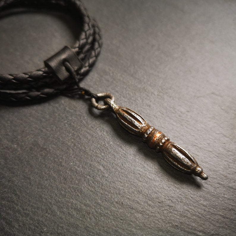 Tibetan Buddhist Amulet,Nine-pronged Dorje Vajra Pendant with Leather Chord,Made of Cold Iron,1.97"