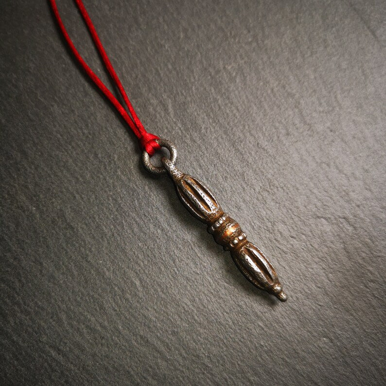 Tibetan Buddhist Amulet,Nine-pronged Dorje Vajra Pendant with Leather Chord,Made of Cold Iron,1.97"