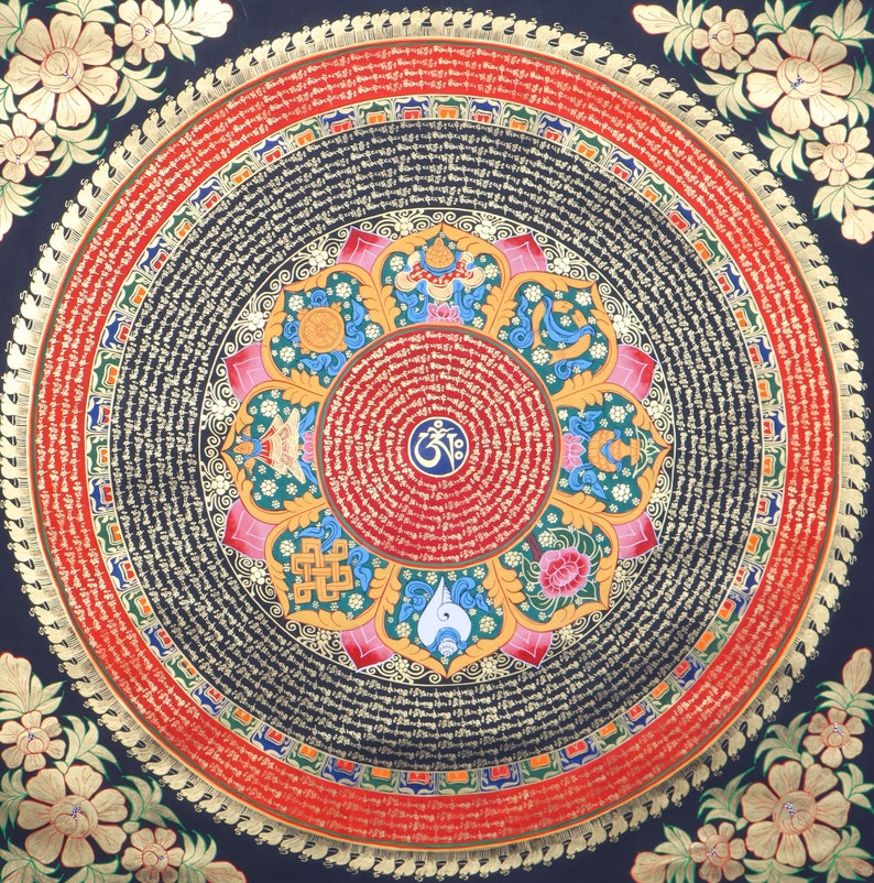 Handmade Thangka Painting of Asthamangal Mantra Mandala