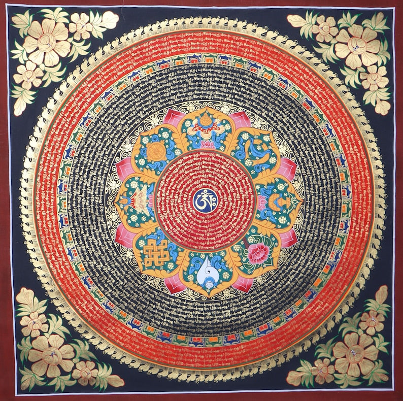 Handmade Thangka Painting of Asthamangal Mantra Mandala