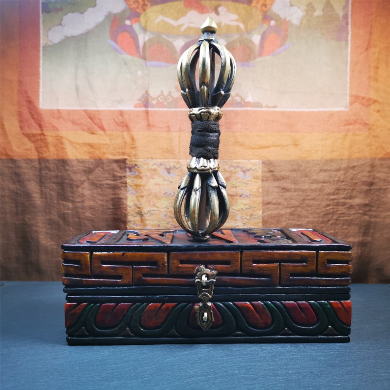 Powerful Vintage Vajra Dorje with Wooden Case ,Tibetan Tantric Buddhism (Vajrayana) Ritual Implement,Handmade in Nepal,7.0"