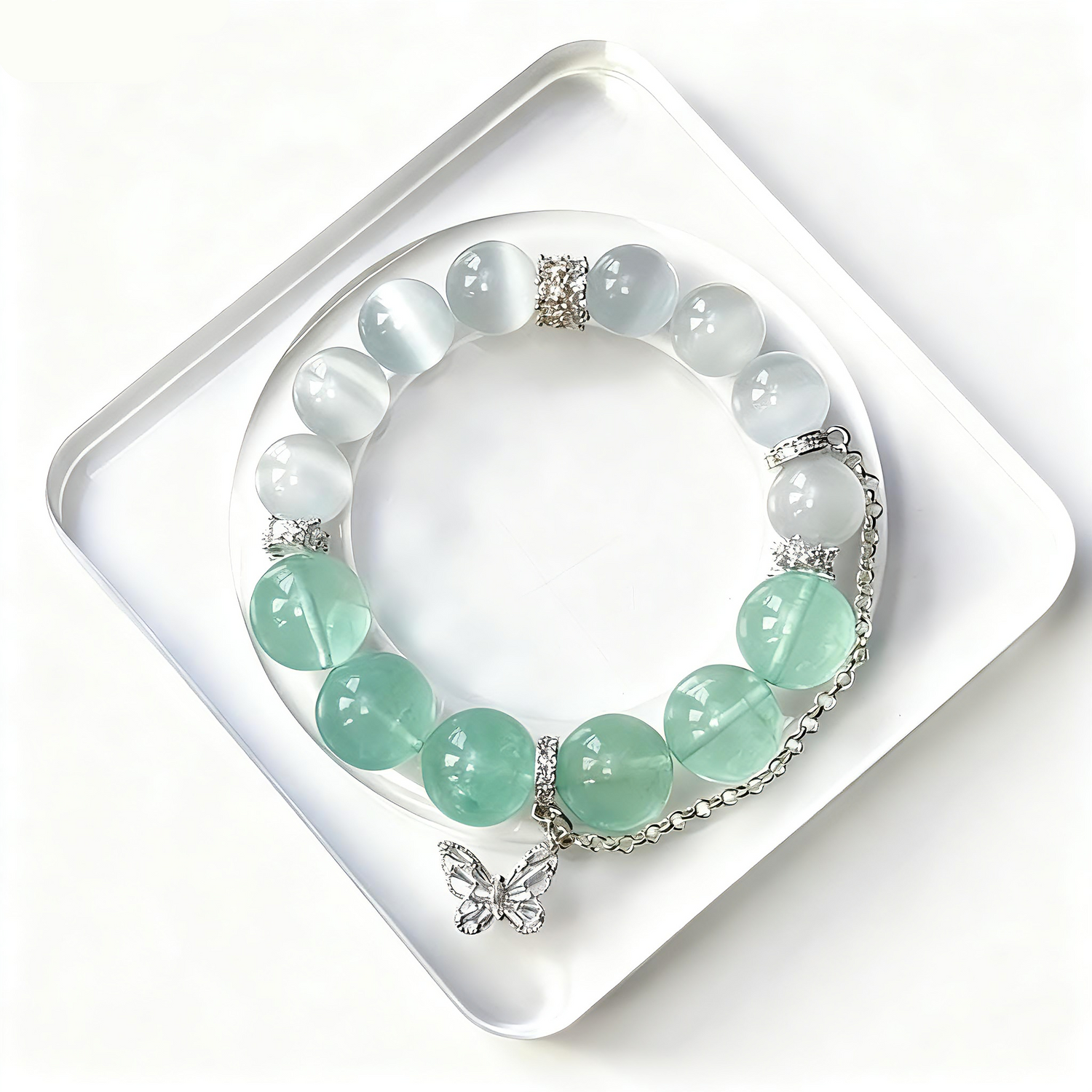 White Cat Eye and Aventurine Crystal Bracelet with Butterfly Charm-DIY Handmade Style