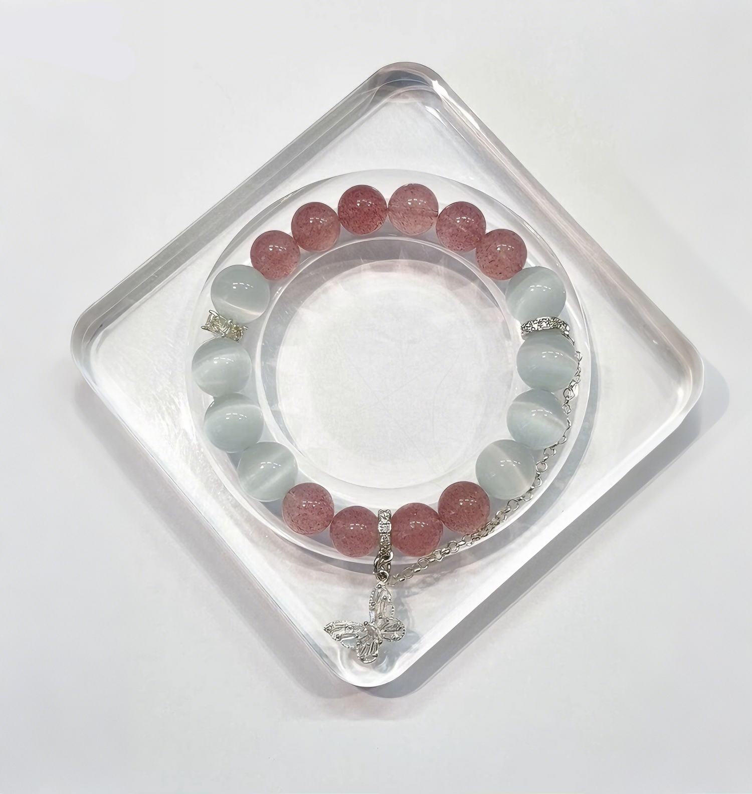 Strawberry Quartz & White Cat Eye Love and Luck Bracelet with Butterfly Charm