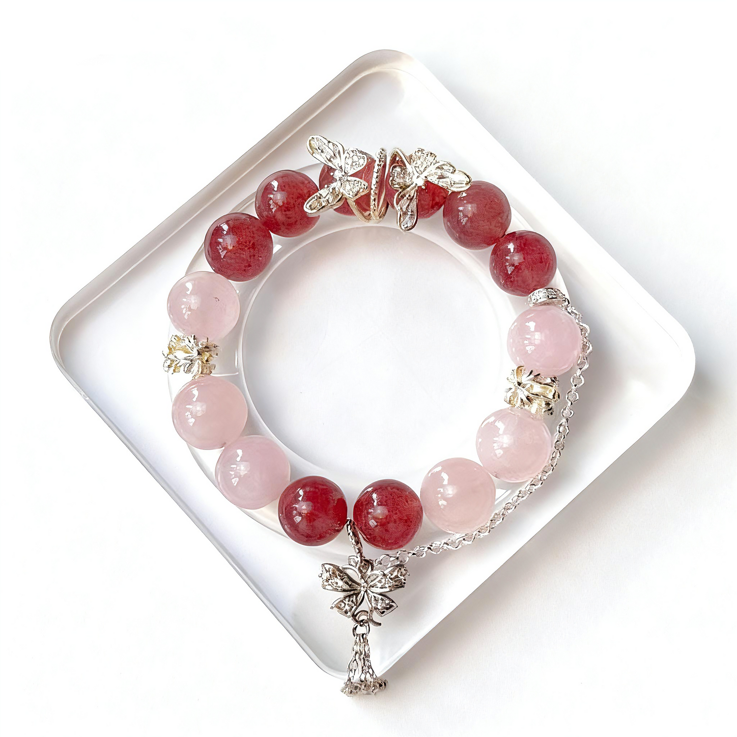 Rose Quartz & Strawberry Quartz Crystal Bracelet with Butterfly Charm – DIY Handmade Style