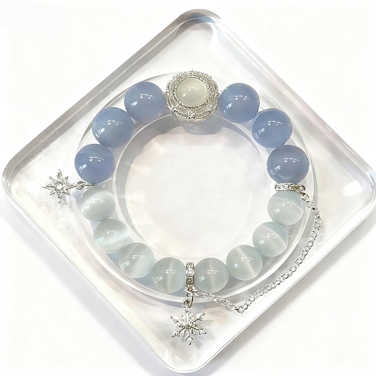 White Cat Eye & Blue Chalcedony Crystal Bracelet with Silver Charm – DIY Custom Bracelet