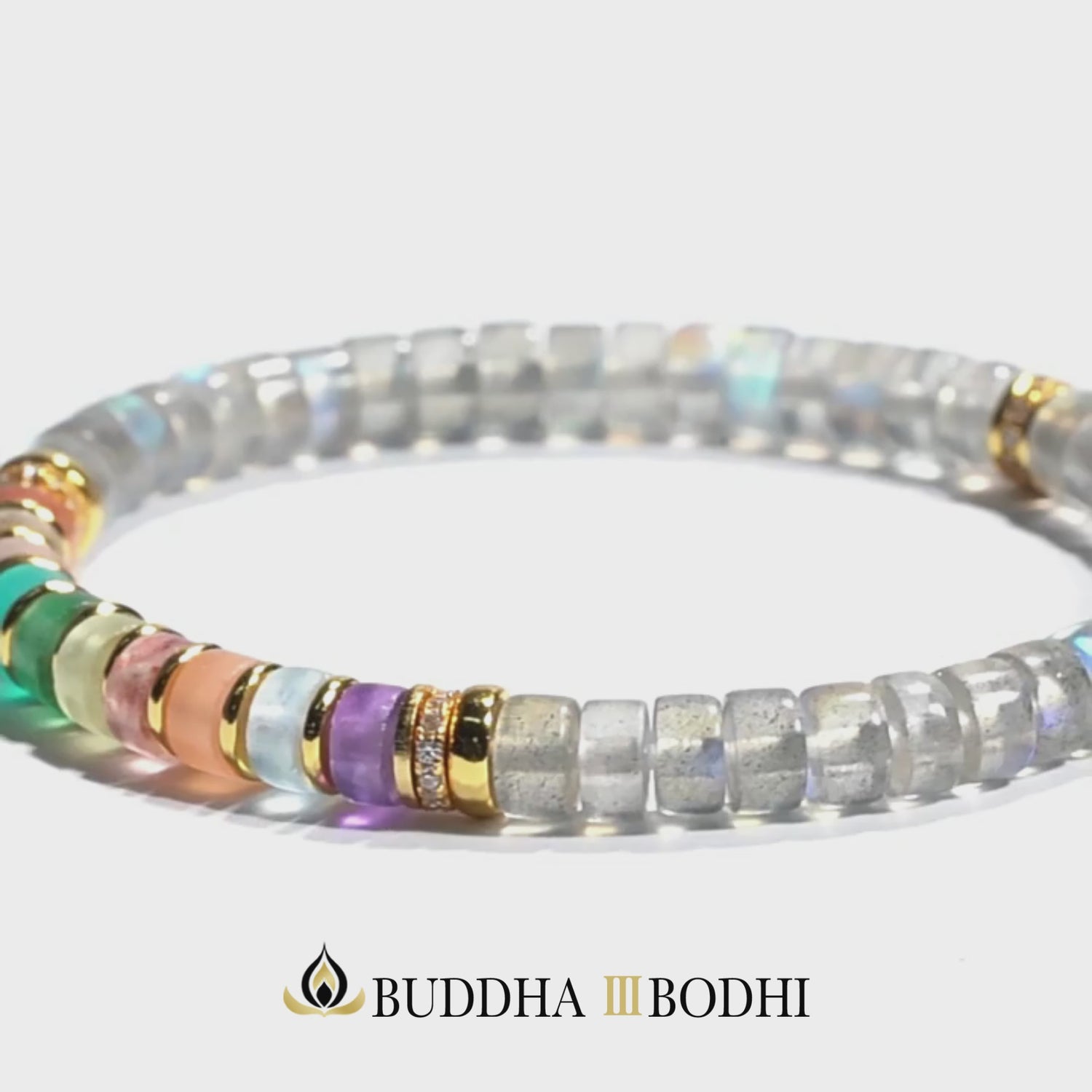 Unisex Natural Gray Moonstone Rainbow Labradorite Thin Slice Bracelet – 18K Gold Plated Silver Multi-Gemstone