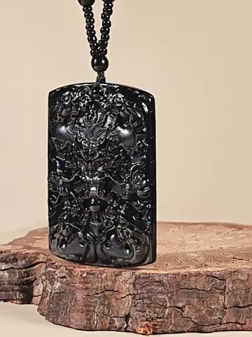 Natural A-Grade Black Jadeite Five Dragons Guardian Pendant