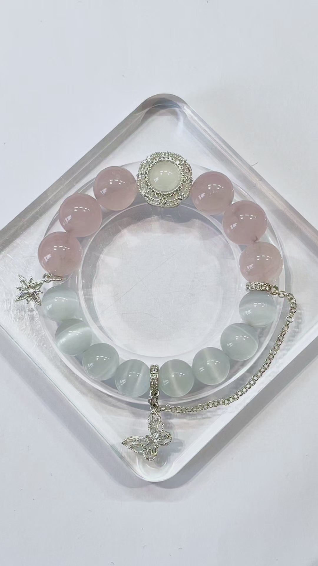 White Cat Eye & Rose Quartz Crystal Bracelet with Silver Charm – DIY Custom Bracelet