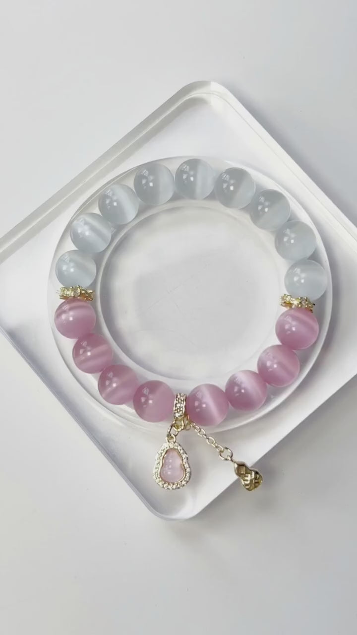 White & Pink Cat Eye Crystal Bracelet with Gourd Charm – Personalized Handmade Energy Beads