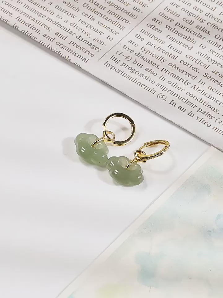 Women’s Natural Hetian Jade Ruyi Earrings, Set in S925 Silver