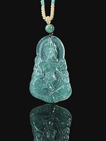 Natural Blue Water Jadeite Green Tara Guanyin Pendant – A-Grade Ice-Type Jade, Compassion & Protection Talisman