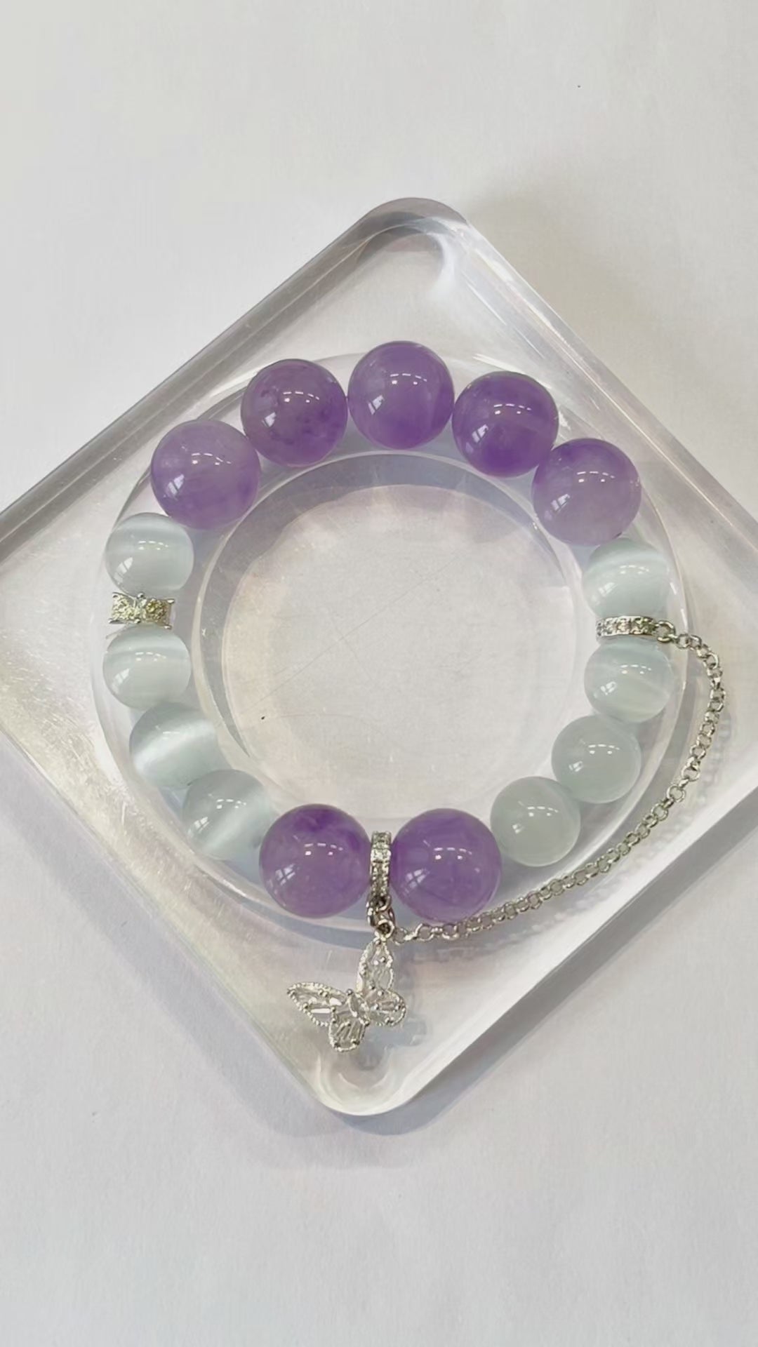 Amethyst & White Cat Eye Crystal Bracelet with Butterfly Charm – Personalized Handmade Energy Beads