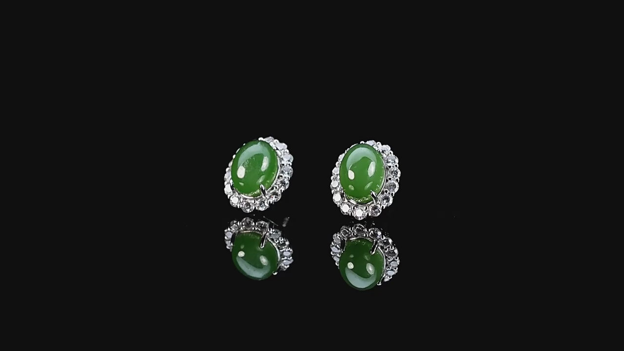 Natural Spinach Green Aged Hetian Jade Large Cabochon Stud Earrings for Women