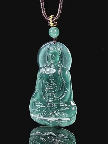 Natural Blue Water Jadeite Amitabha Buddha Pendant – A-Grade Jade, Spiritual Protection Talisman