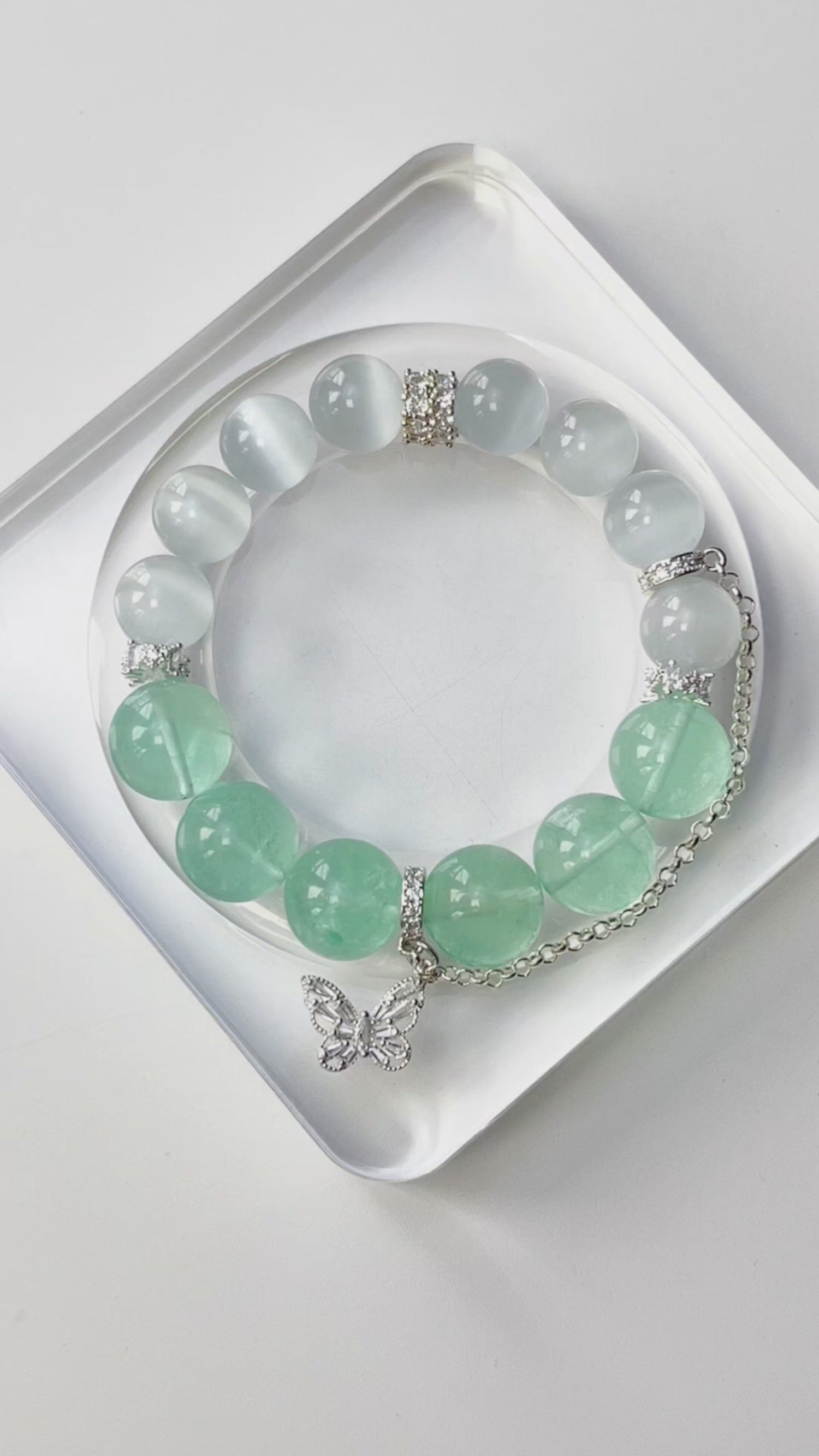 White Cat Eye and Aventurine Crystal Bracelet with Butterfly Charm-DIY Handmade Style