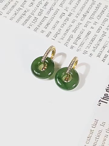 Natural Hetian Green Jade Peace Circle Earrings with S925 Silver Setting