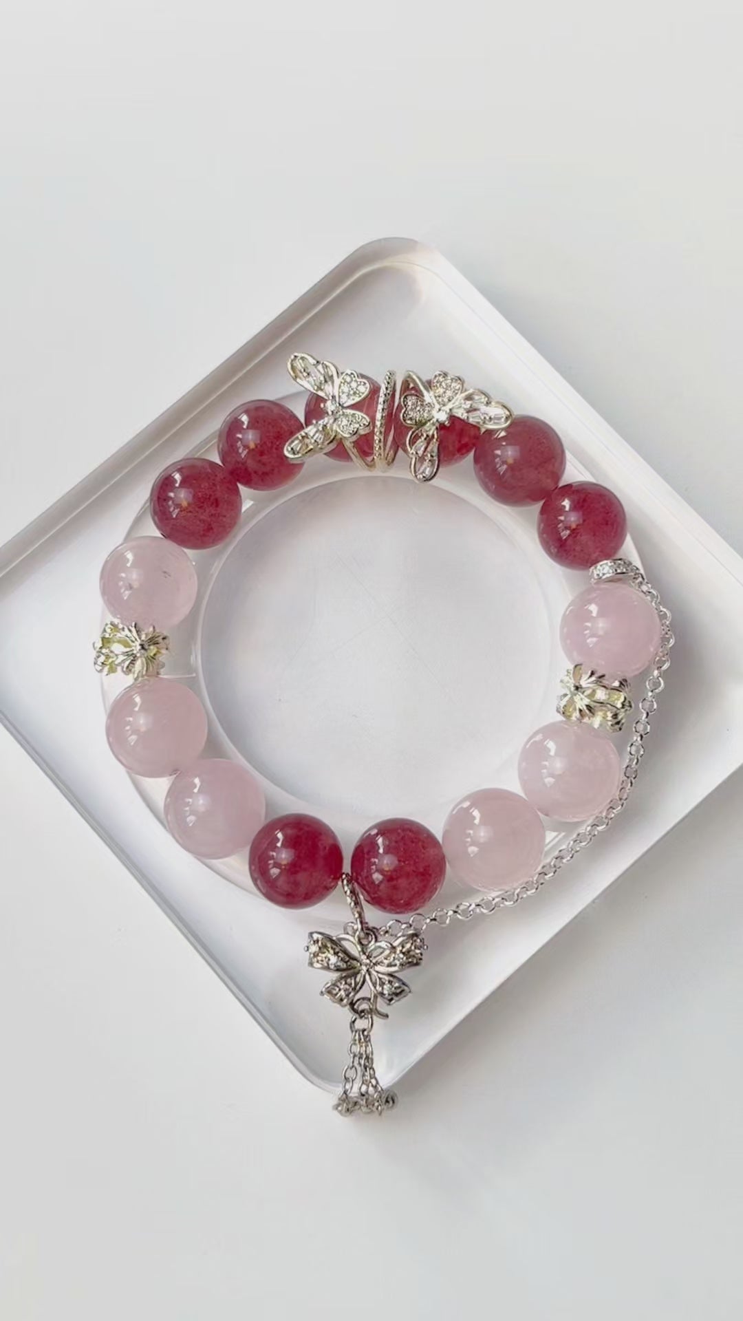 Rose Quartz & Strawberry Quartz Crystal Bracelet with Butterfly Charm – DIY Handmade Style