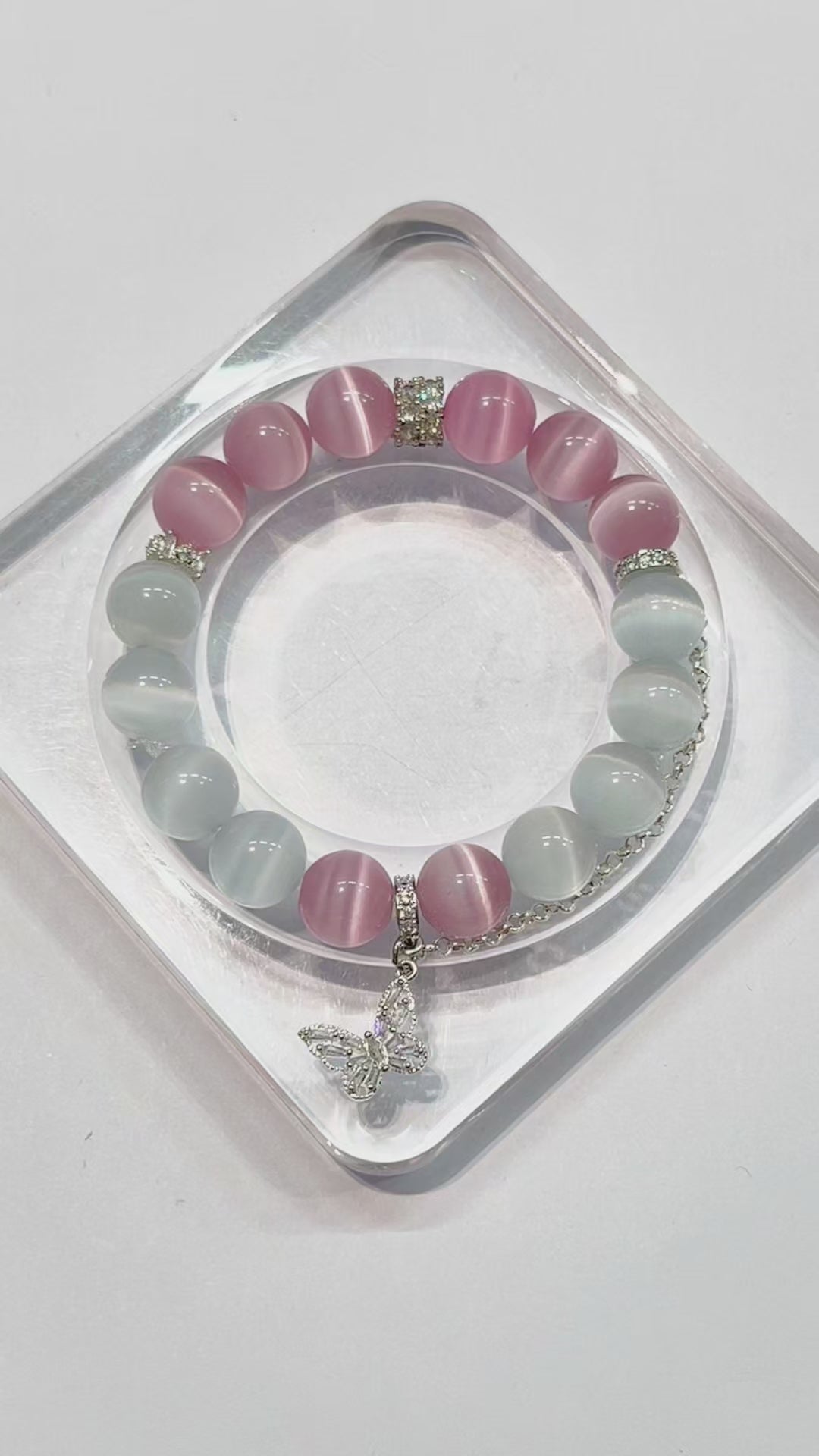 Pink & White Cat Eye Crystal Bracelet with Butterfly Charm – Personalized Handmade Energy Beads