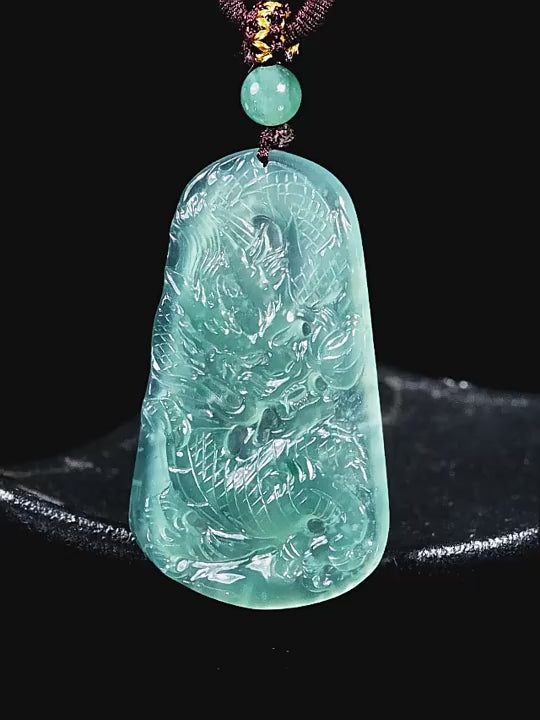 Natural Ice Blue Jadeite Dragon “Soaring Across the Four Seas” Pendant – Genuine A-Grade Blue Water Jade Zodiac Dragon Talisman