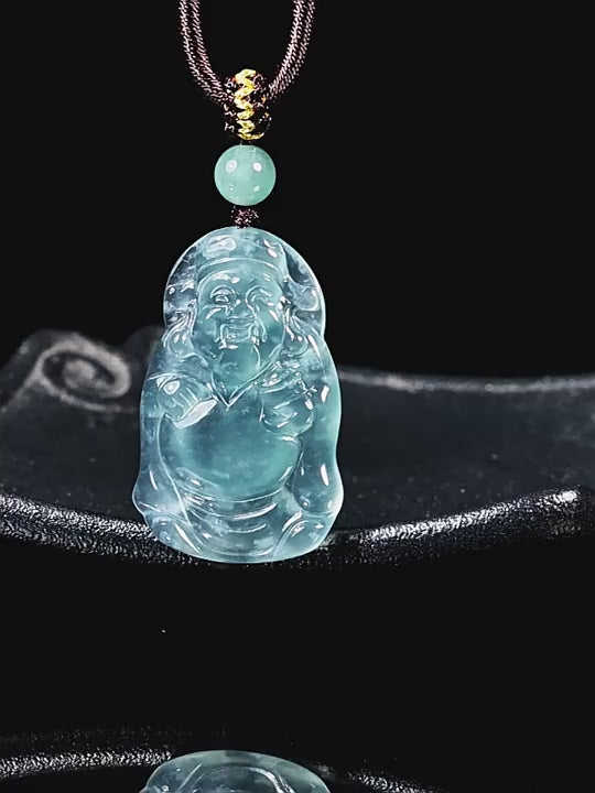 Natural Ice Blue Jadeite Cai Shen Pendant – Genuine A-Grade Blue Water Jade, Wealth & Prosperity Talisman for Men & Women