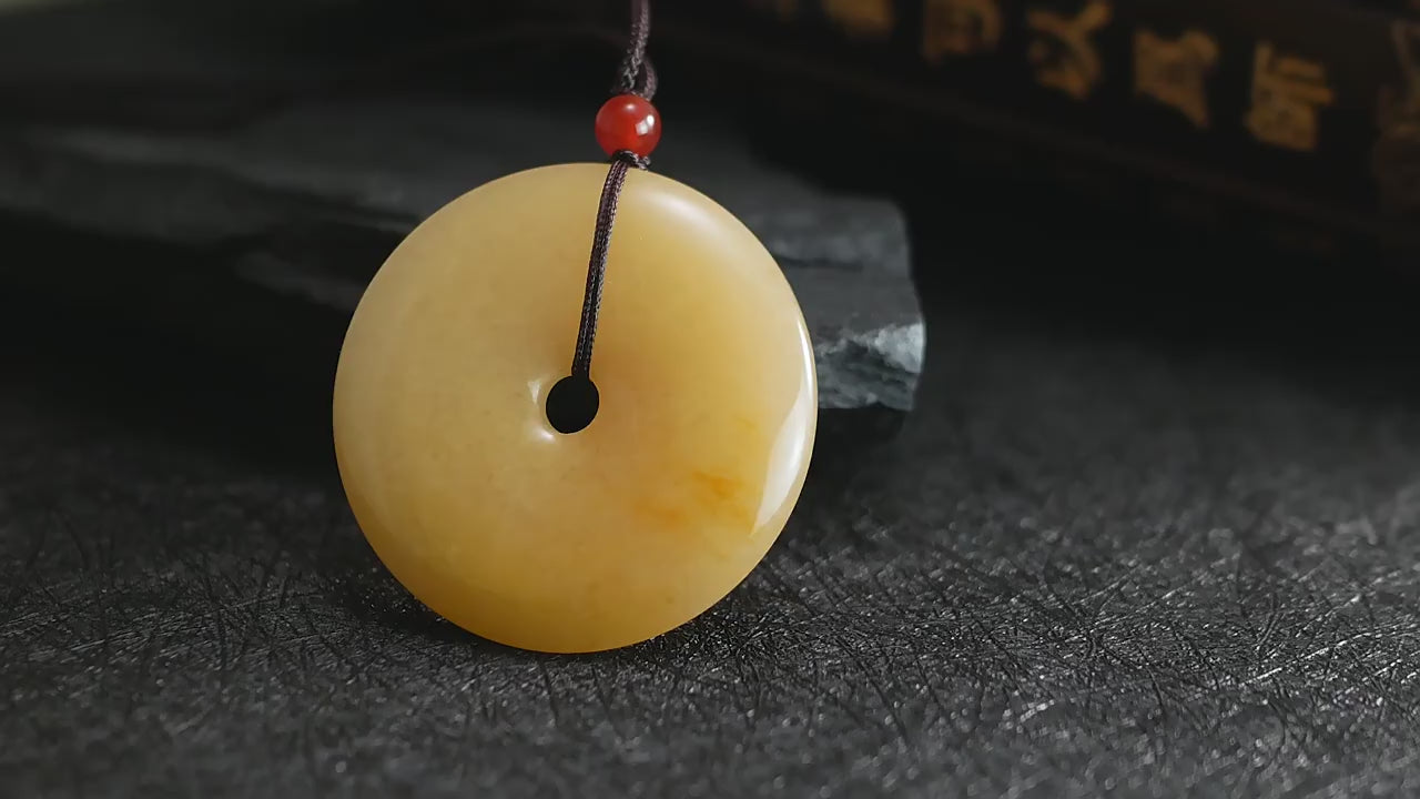 Natural Xinjiang Golden Silk Jade Pi Disc Pendant – Hand-Carved Peace Charm, Unisex Feng Shui Jewelry