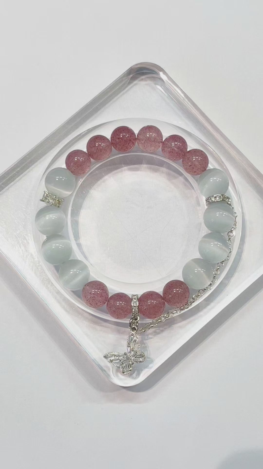 Strawberry Quartz & White Cat Eye Love and Luck Bracelet with Butterfly Charm