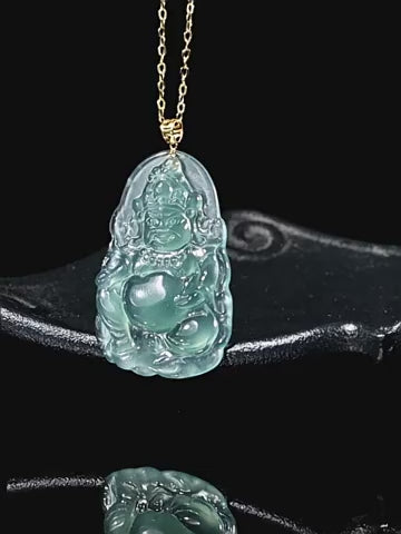 Natural Blue Water Jadeite Yellow Wealth God Pendant – A-Grade Ice-Type Jade, 18K Gold, Prosperity Talisman