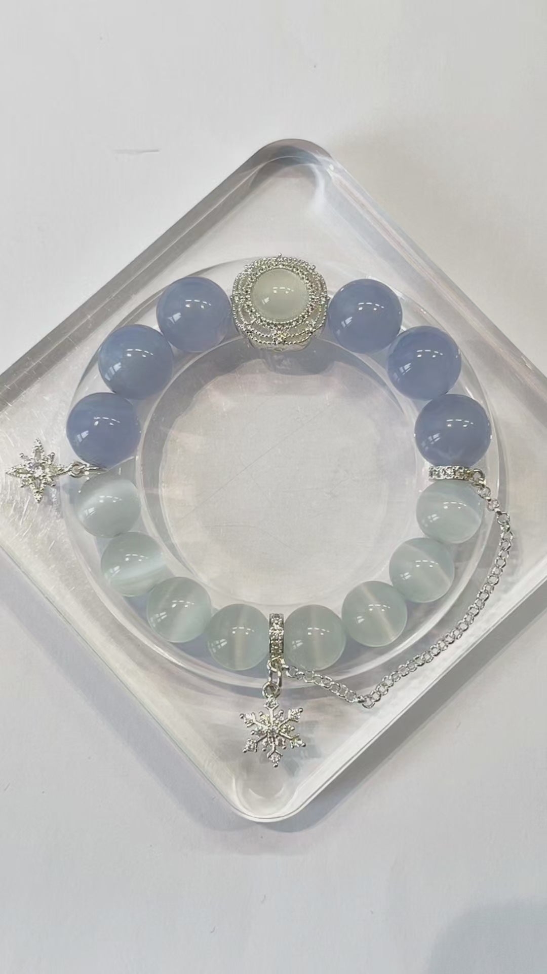 White Cat Eye & Blue Chalcedony Crystal Bracelet with Silver Charm – DIY Custom Bracelet