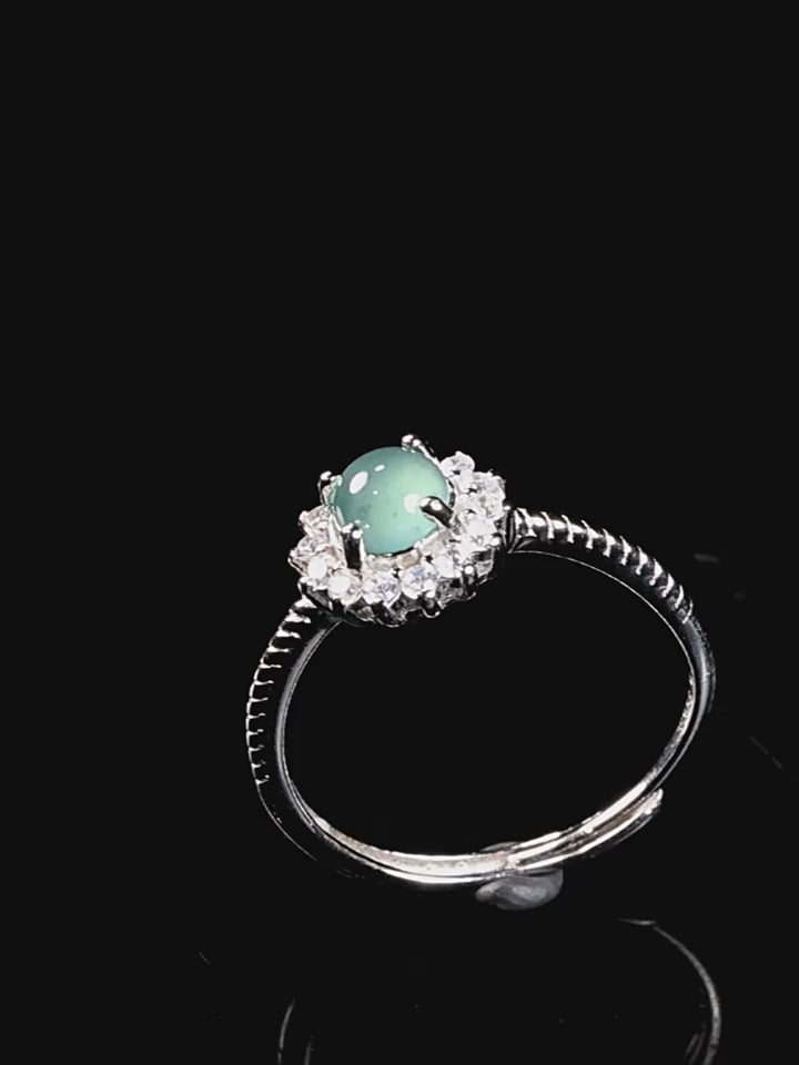 Natural A-Grade Blue Water Jadeite Adjustable Ring for Women – S925 Silver, 5.0mm Cabochon Stone