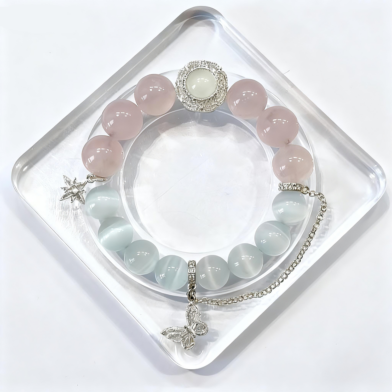White Cat Eye & Rose Quartz Crystal Bracelet with Silver Charm – DIY Custom Bracelet