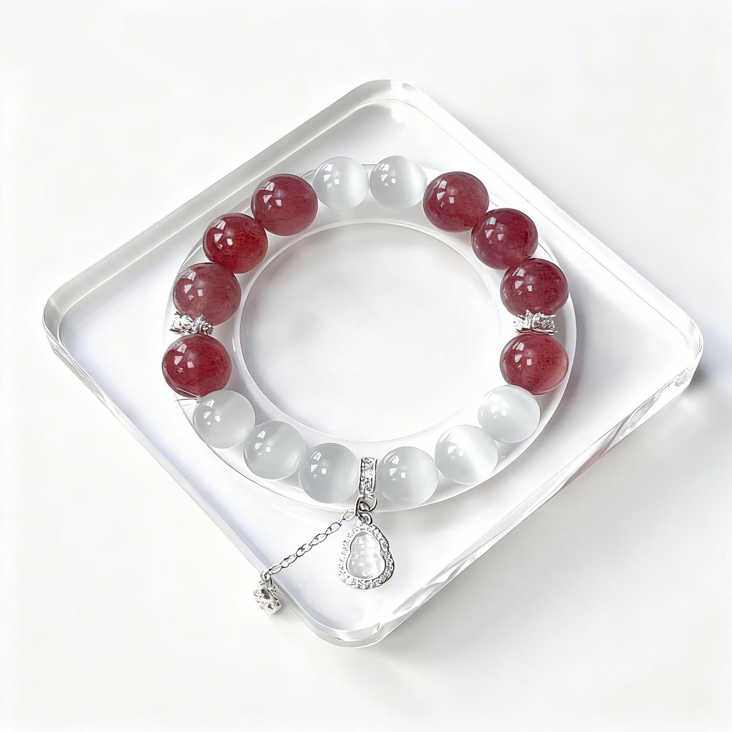 Strawberry Quartz & White Cat Eye Crystal Bracelet with Gourd-Shaped Charm – DIY Custom Bracelet