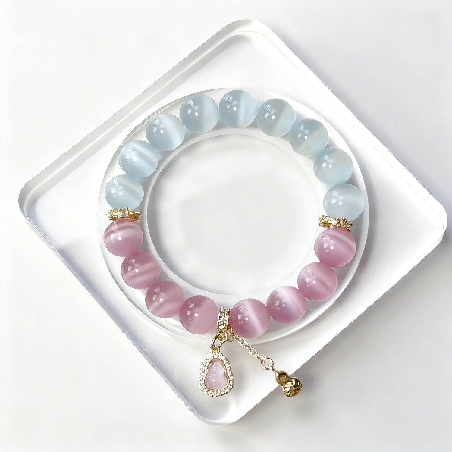 White & Pink Cat Eye Crystal Bracelet with Gourd Charm – Personalized Handmade Energy Beads