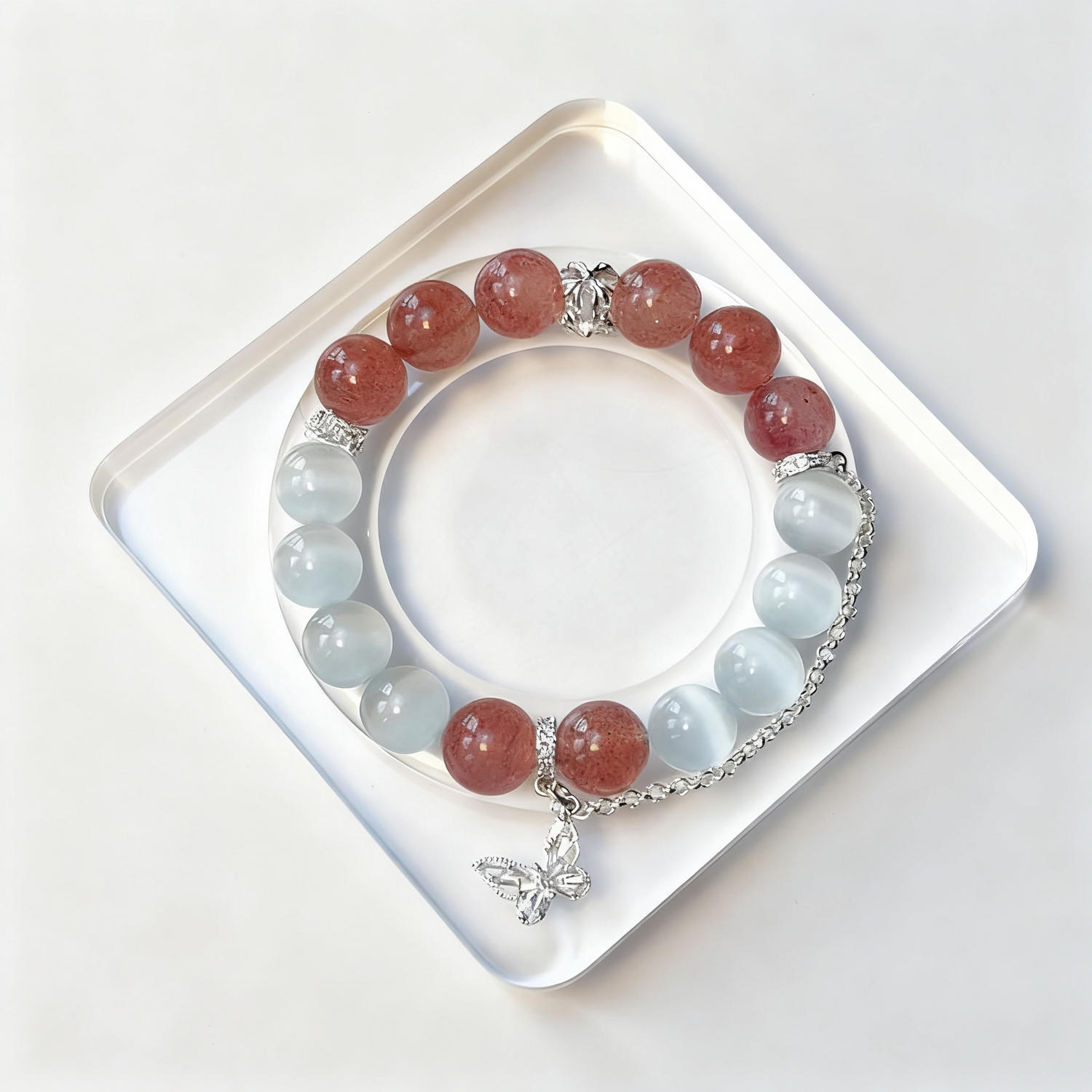 White Cat Eye & Strawberry Quartz Crystal Bracelet with Butterfly Charm – Personalized Handmade Energy Beads