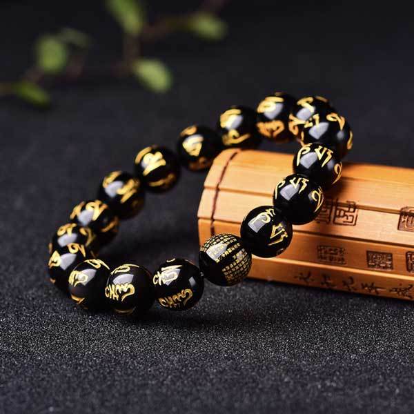 Tibetan Bracelet Obsidian Mani Mantra Bracelet - Luck & Protection